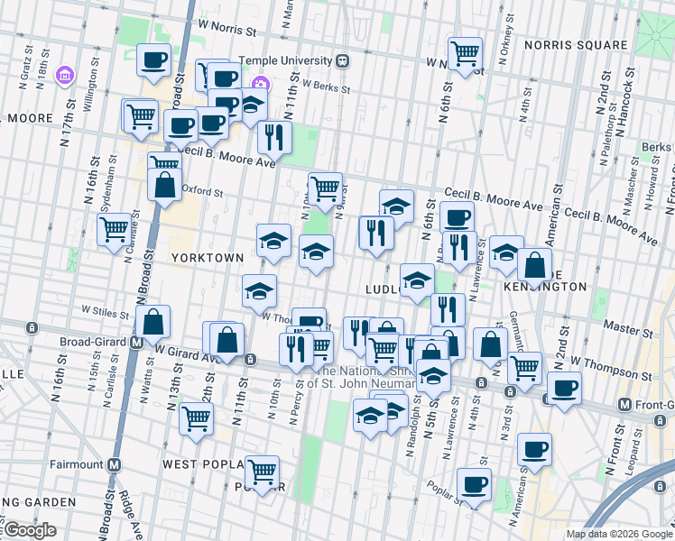 map of restaurants, bars, coffee shops, grocery stores, and more near 805 Master Street in Philadelphia