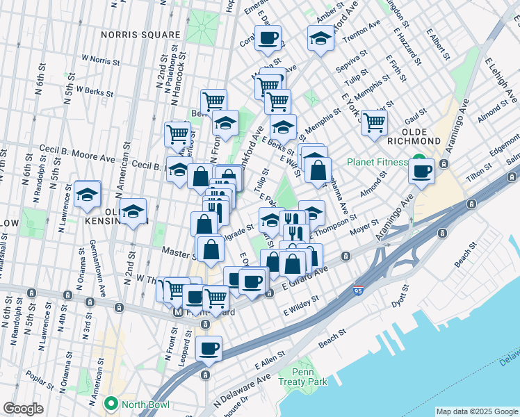 map of restaurants, bars, coffee shops, grocery stores, and more near 449 Miller Street in Philadelphia
