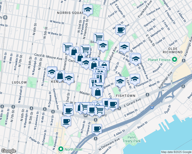 map of restaurants, bars, coffee shops, grocery stores, and more near 1545 North Front Street in Philadelphia