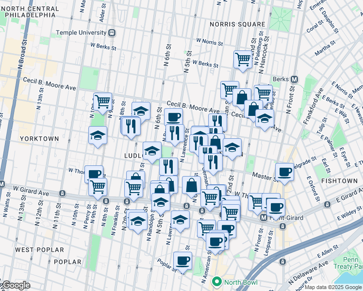 map of restaurants, bars, coffee shops, grocery stores, and more near 1517 North Orkney Street in Philadelphia