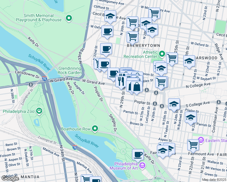 map of restaurants, bars, coffee shops, grocery stores, and more near 917 North 30th Street in Philadelphia