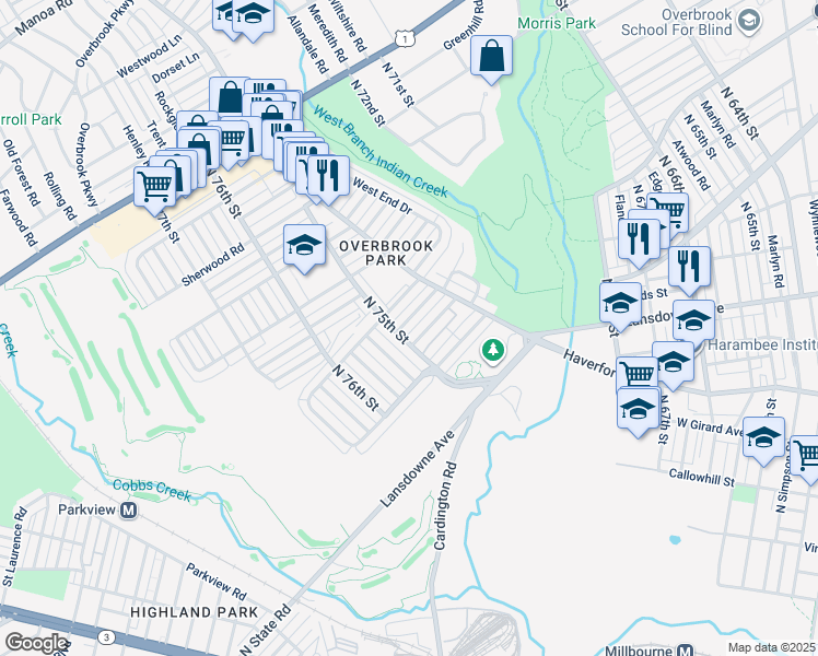 map of restaurants, bars, coffee shops, grocery stores, and more near 7454 Ruskin Road in Philadelphia