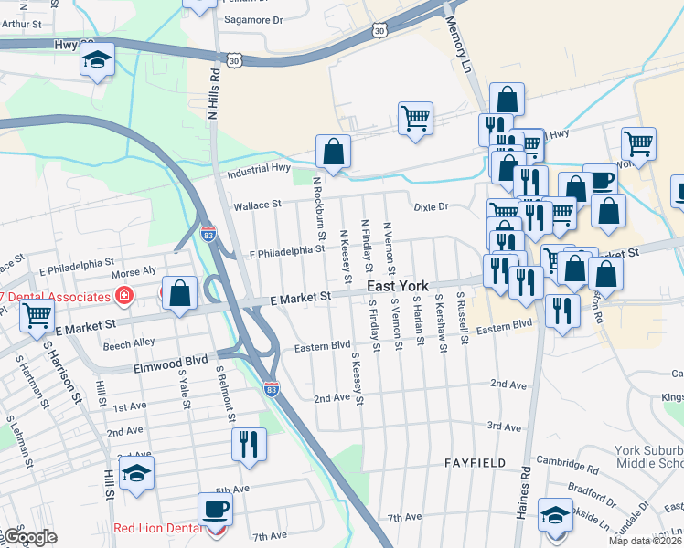 map of restaurants, bars, coffee shops, grocery stores, and more near 1925 Pennsylvania 462 in East York