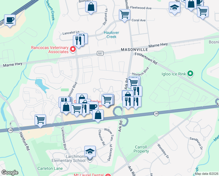 map of restaurants, bars, coffee shops, grocery stores, and more near 992A Scotswood Court in Mount Laurel Township