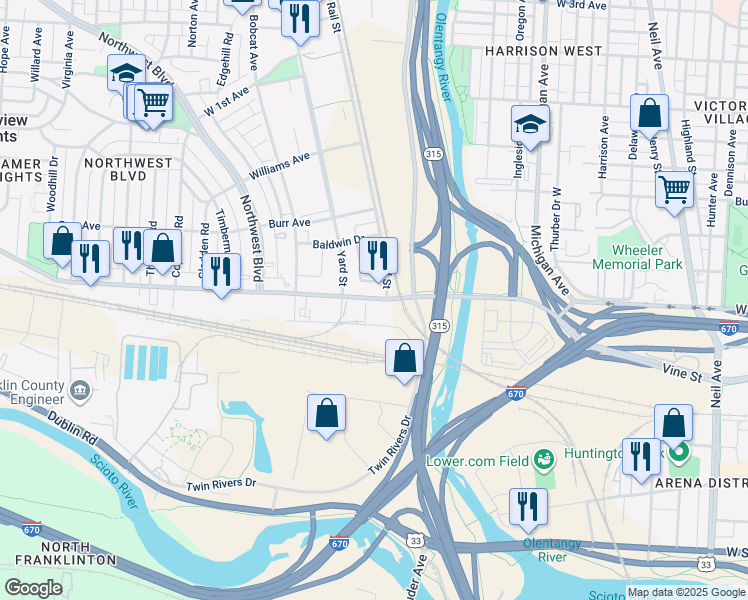 map of restaurants, bars, coffee shops, grocery stores, and more near 777 Goodale Blvd in Columbus