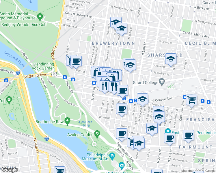 map of restaurants, bars, coffee shops, grocery stores, and more near 2730 West Girard Avenue in Philadelphia