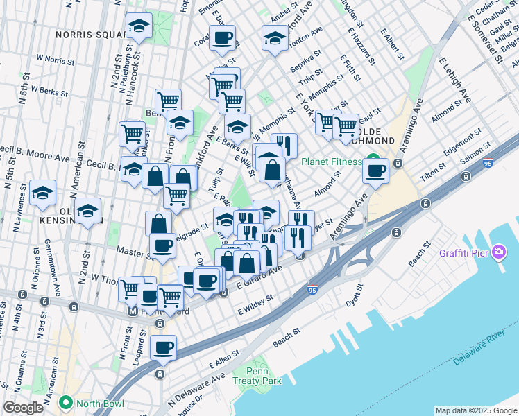 map of restaurants, bars, coffee shops, grocery stores, and more near 1355 East Montgomery Avenue in Philadelphia