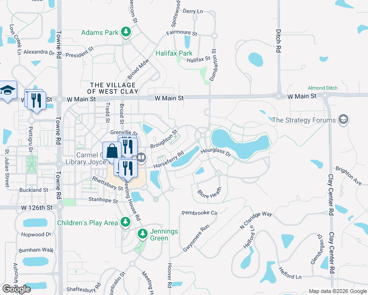 map of restaurants, bars, coffee shops, grocery stores, and more near 12874 Horseferry Road in Carmel