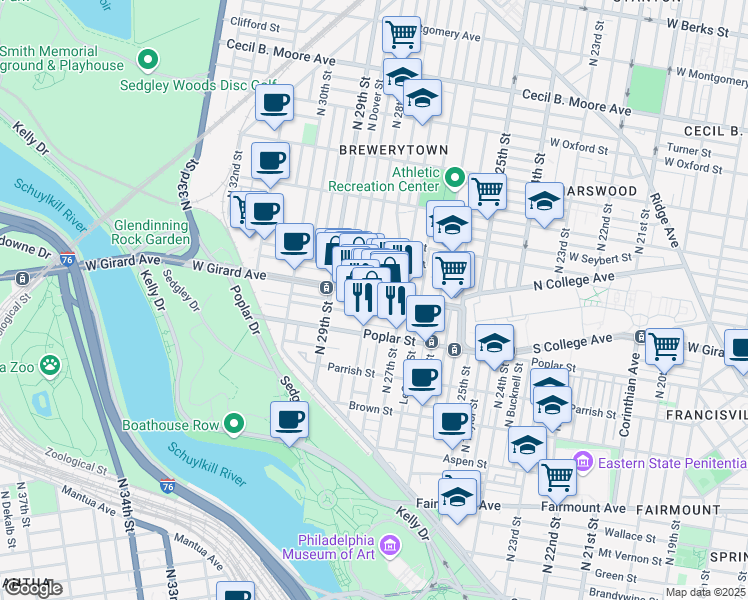 map of restaurants, bars, coffee shops, grocery stores, and more near 2728 Cambridge Street in Philadelphia