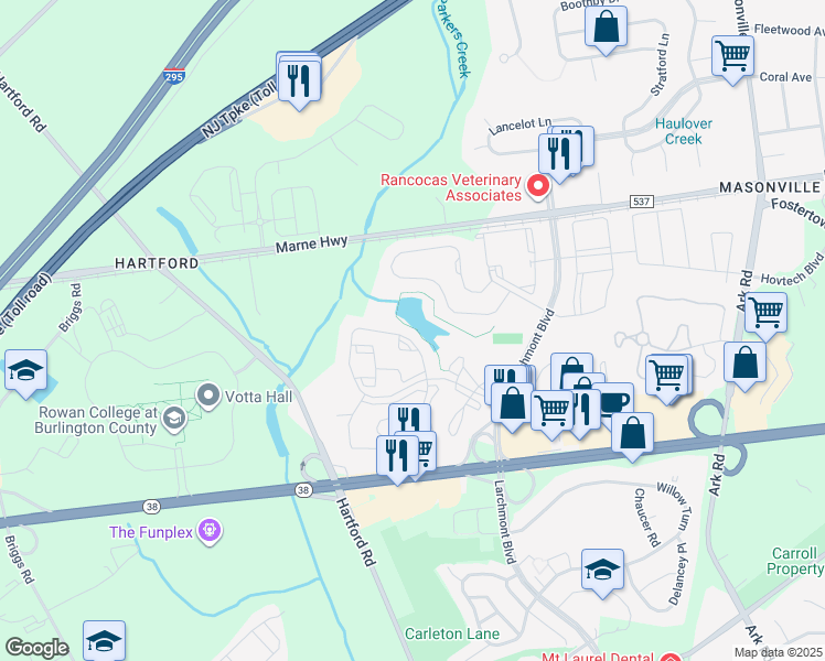 map of restaurants, bars, coffee shops, grocery stores, and more near 2717A Sussex Court in Mount Laurel Township