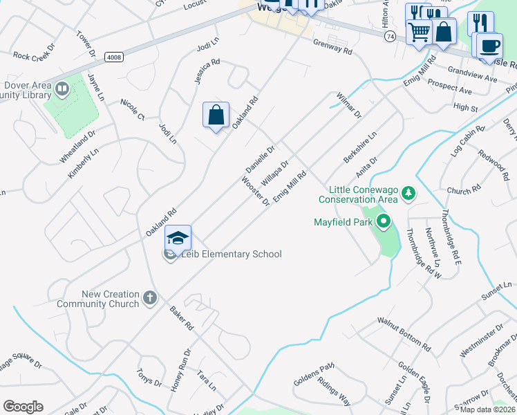 map of restaurants, bars, coffee shops, grocery stores, and more near 2713 Emig Mill Road in Dover