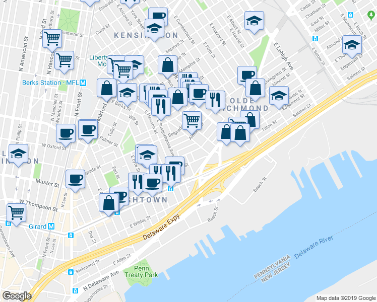 map of restaurants, bars, coffee shops, grocery stores, and more near 841 East Thompson Street in Philadelphia