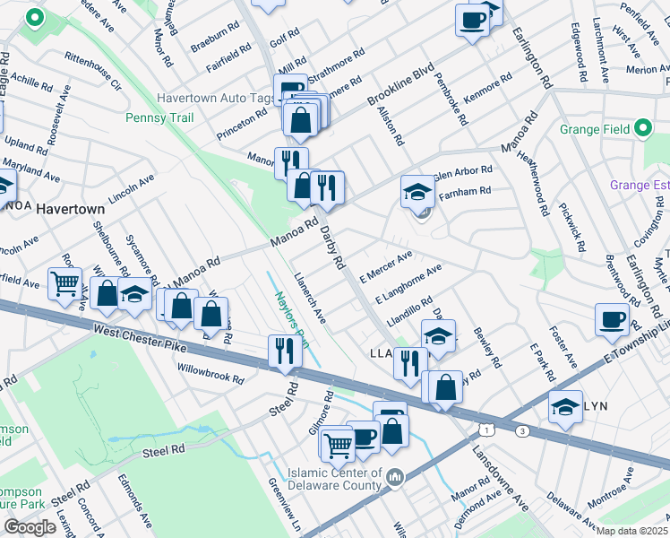 map of restaurants, bars, coffee shops, grocery stores, and more near 710 Darby Road in Havertown
