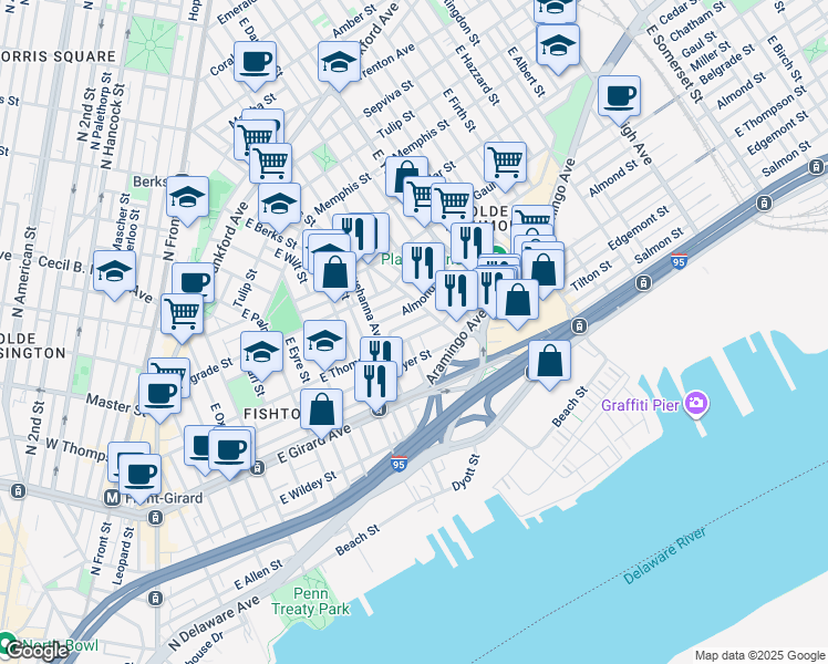 map of restaurants, bars, coffee shops, grocery stores, and more near 841 East Thompson Street in Philadelphia