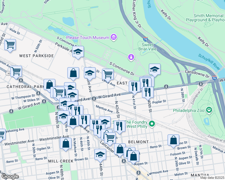 map of restaurants, bars, coffee shops, grocery stores, and more near 4120 West Stiles Street in Philadelphia
