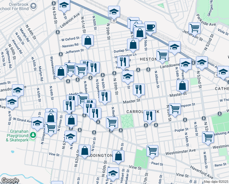 map of restaurants, bars, coffee shops, grocery stores, and more near 1452 North 59th Street in Philadelphia
