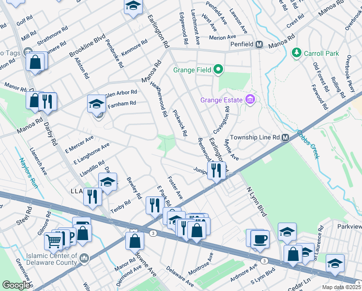 map of restaurants, bars, coffee shops, grocery stores, and more near 121 Heatherwood Road in Havertown