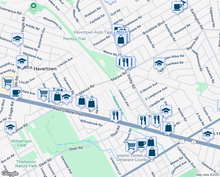 map of restaurants, bars, coffee shops, grocery stores, and more near 902 Woodland Drive in Havertown
