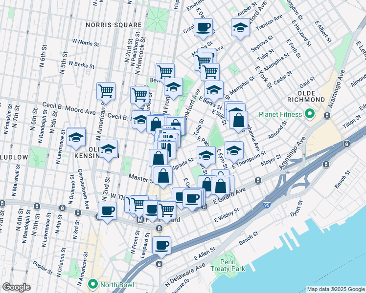 map of restaurants, bars, coffee shops, grocery stores, and more near 1441 East Columbia Avenue in Philadelphia
