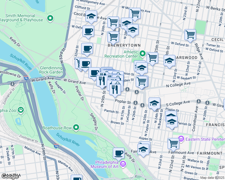 map of restaurants, bars, coffee shops, grocery stores, and more near 2812 West Girard Avenue in Philadelphia
