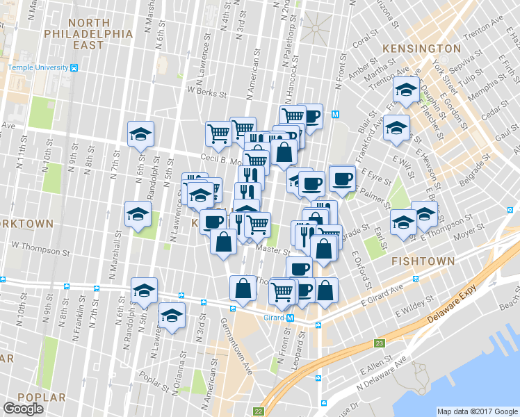 map of restaurants, bars, coffee shops, grocery stores, and more near 1522 North Palethorp Street in Philadelphia