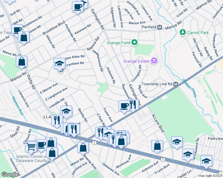 map of restaurants, bars, coffee shops, grocery stores, and more near 121 Heatherwood Road in Havertown