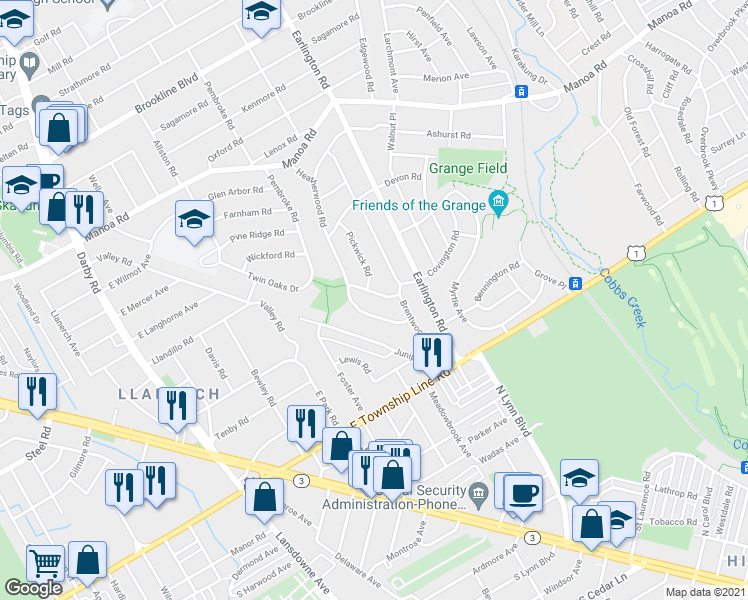 map of restaurants, bars, coffee shops, grocery stores, and more near 407 Covington Road in Havertown