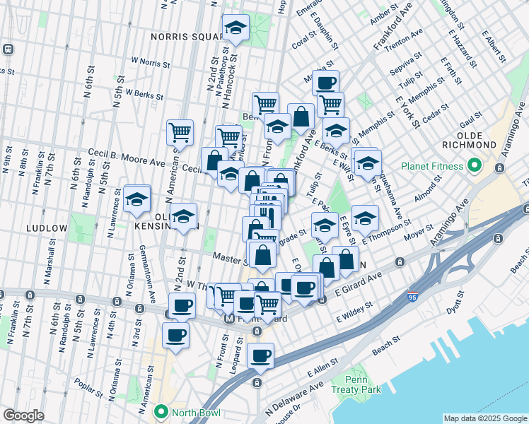 map of restaurants, bars, coffee shops, grocery stores, and more near 26 West Oxford Street in Philadelphia