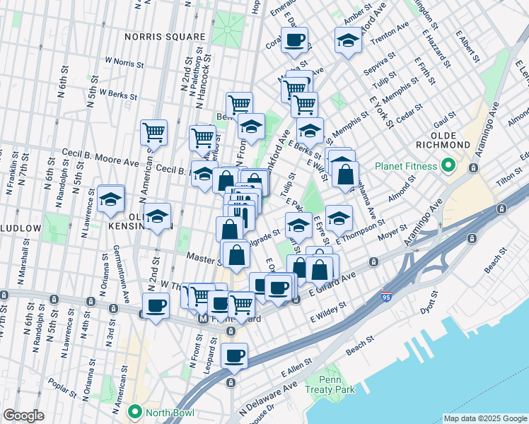 map of restaurants, bars, coffee shops, grocery stores, and more near 1441 East Columbia Avenue in Philadelphia