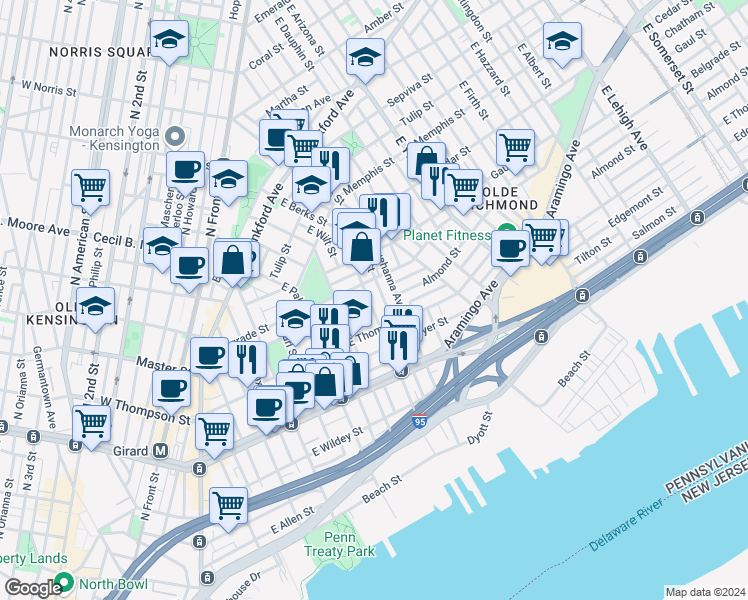 map of restaurants, bars, coffee shops, grocery stores, and more near 1339 East Berks Street in Philadelphia