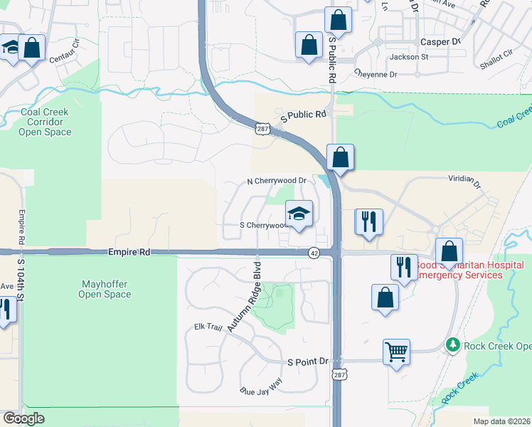 map of restaurants, bars, coffee shops, grocery stores, and more near 2365 North Springwood Court in Lafayette
