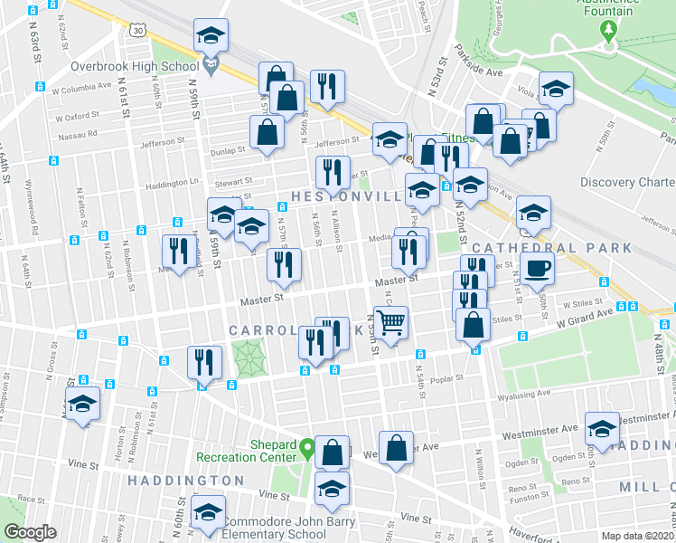 map of restaurants, bars, coffee shops, grocery stores, and more near 1424 North Allison Street in Philadelphia