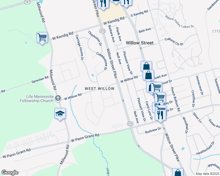 map of restaurants, bars, coffee shops, grocery stores, and more near 56 West Willow Road in Willow Street