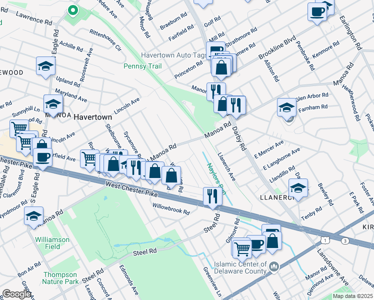 map of restaurants, bars, coffee shops, grocery stores, and more near 48 Waverly Road in Havertown