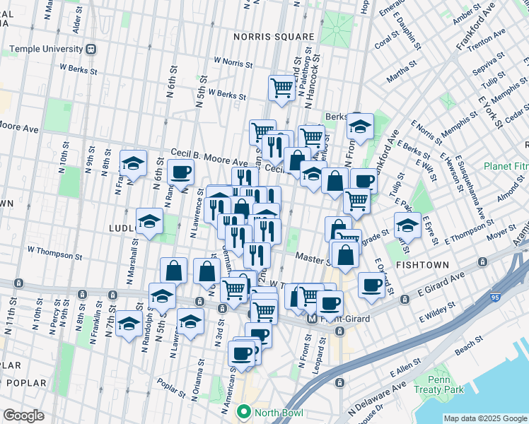 map of restaurants, bars, coffee shops, grocery stores, and more near 1519 North Philip Street in Philadelphia