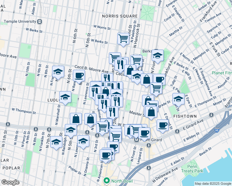 map of restaurants, bars, coffee shops, grocery stores, and more near 1519 North Philip Street in Philadelphia
