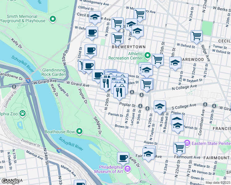 map of restaurants, bars, coffee shops, grocery stores, and more near 2818 West Girard Avenue in Philadelphia
