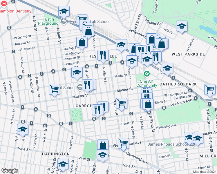 map of restaurants, bars, coffee shops, grocery stores, and more near 1420 North Vogdes Street in Philadelphia