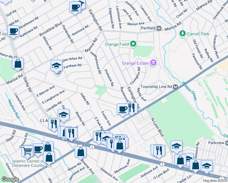 map of restaurants, bars, coffee shops, grocery stores, and more near 407 Covington Road in Havertown