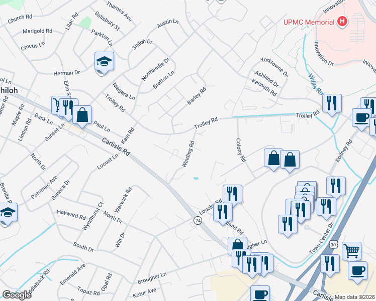map of restaurants, bars, coffee shops, grocery stores, and more near 2103 Winding Road in York