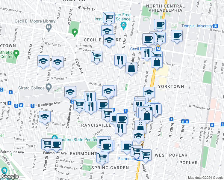 map of restaurants, bars, coffee shops, grocery stores, and more near 1720 West Seybert Street in Philadelphia