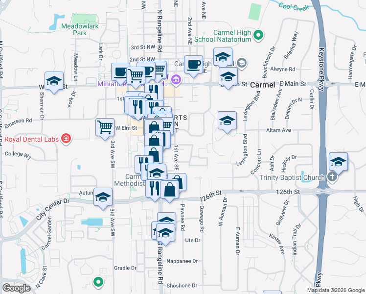 map of restaurants, bars, coffee shops, grocery stores, and more near 501 1st Avenue Southeast in Carmel