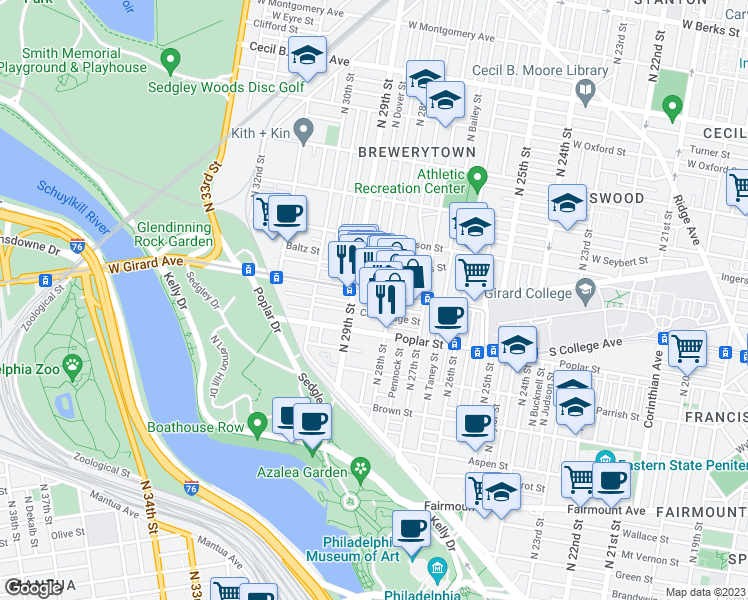 map of restaurants, bars, coffee shops, grocery stores, and more near 2818 West Girard Avenue in Philadelphia