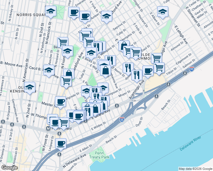map of restaurants, bars, coffee shops, grocery stores, and more near 1324 East Berks Street in Philadelphia