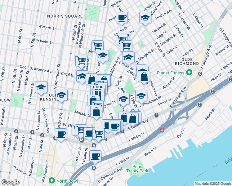 map of restaurants, bars, coffee shops, grocery stores, and more near 1409 East Columbia Avenue in Philadelphia