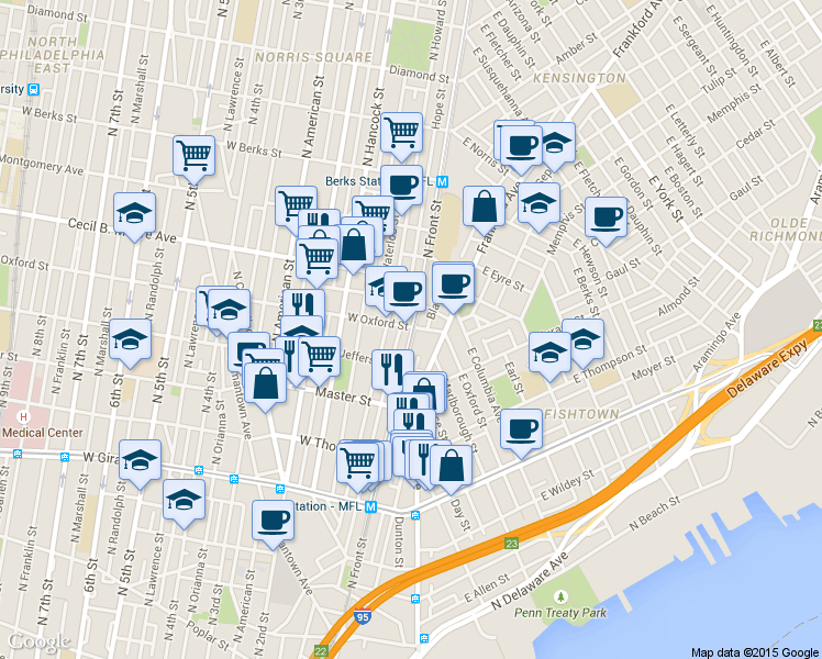 map of restaurants, bars, coffee shops, grocery stores, and more near 100 West Oxford Street in Philadelphia