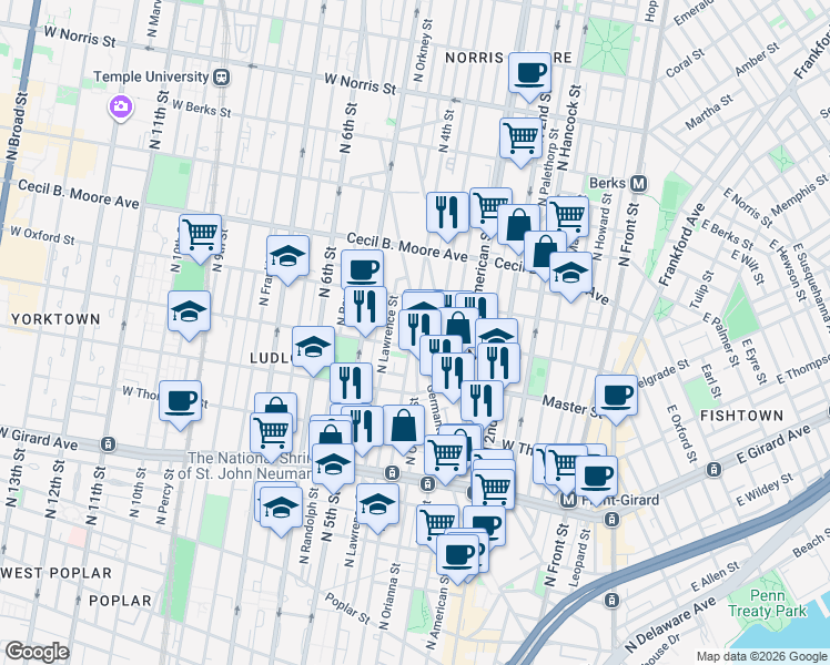 map of restaurants, bars, coffee shops, grocery stores, and more near 1442 North 4th Street in Philadelphia