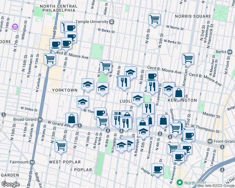map of restaurants, bars, coffee shops, grocery stores, and more near 1412 North Franklin Street in Philadelphia