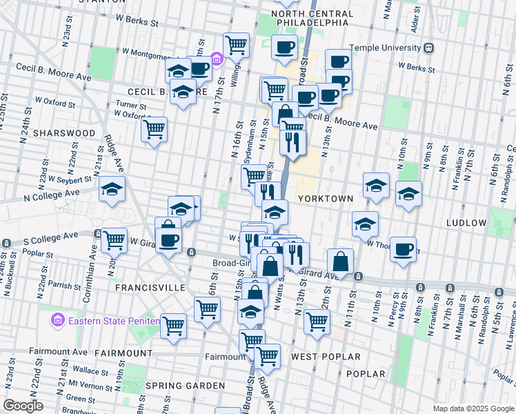 map of restaurants, bars, coffee shops, grocery stores, and more near 1303 North 15th Street in Philadelphia