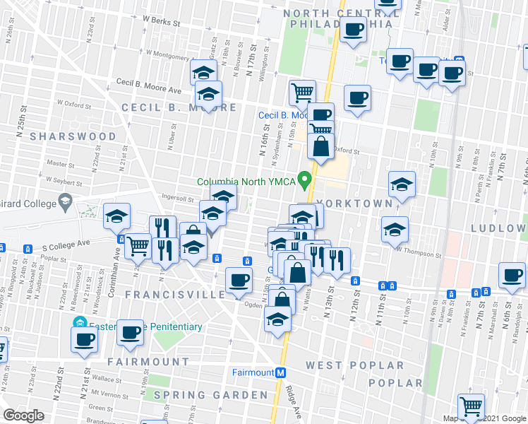 map of restaurants, bars, coffee shops, grocery stores, and more near 1538 West Thompson Street in Philadelphia